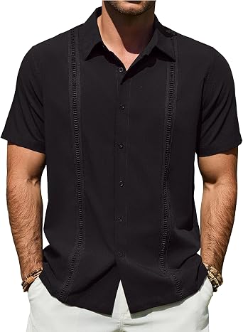 Mens Cuban Guayabera Short Sleeve Button Down Shirt Casual Beach Summer | Lightweight, Breathable, Collared, Untucked, Daily Wear, Cruise Dinner, Resort Walk, Vacation Party, Wedding, Solid