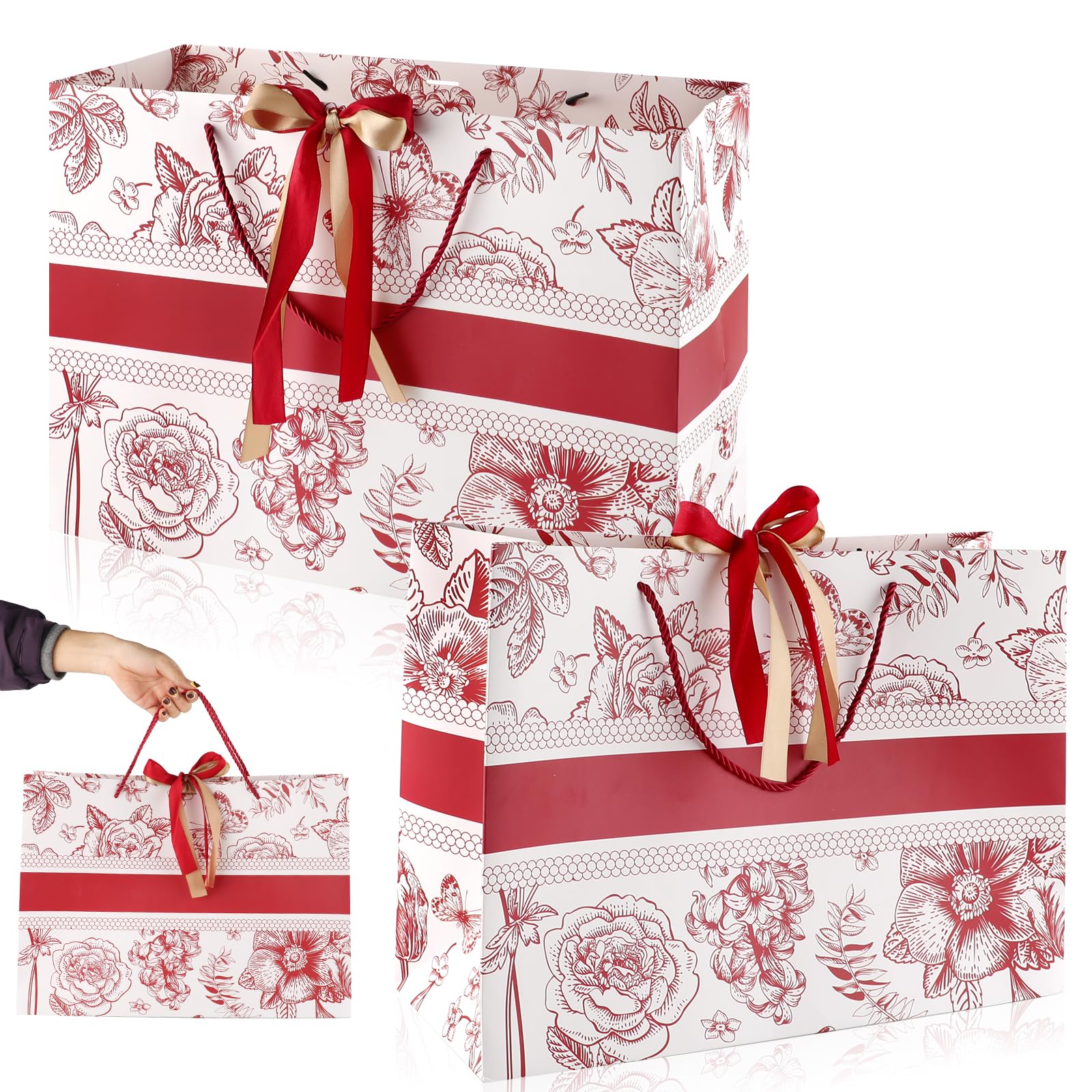2PCS Extra Large Red Rose Gift Bag Set with Handles and Ribbon, 42x30x15cm Vintage Floral Large Paper Gift Bags, Reusable Premium Durable Party Bags for Birthday Wedding Baby Shower Anniversary