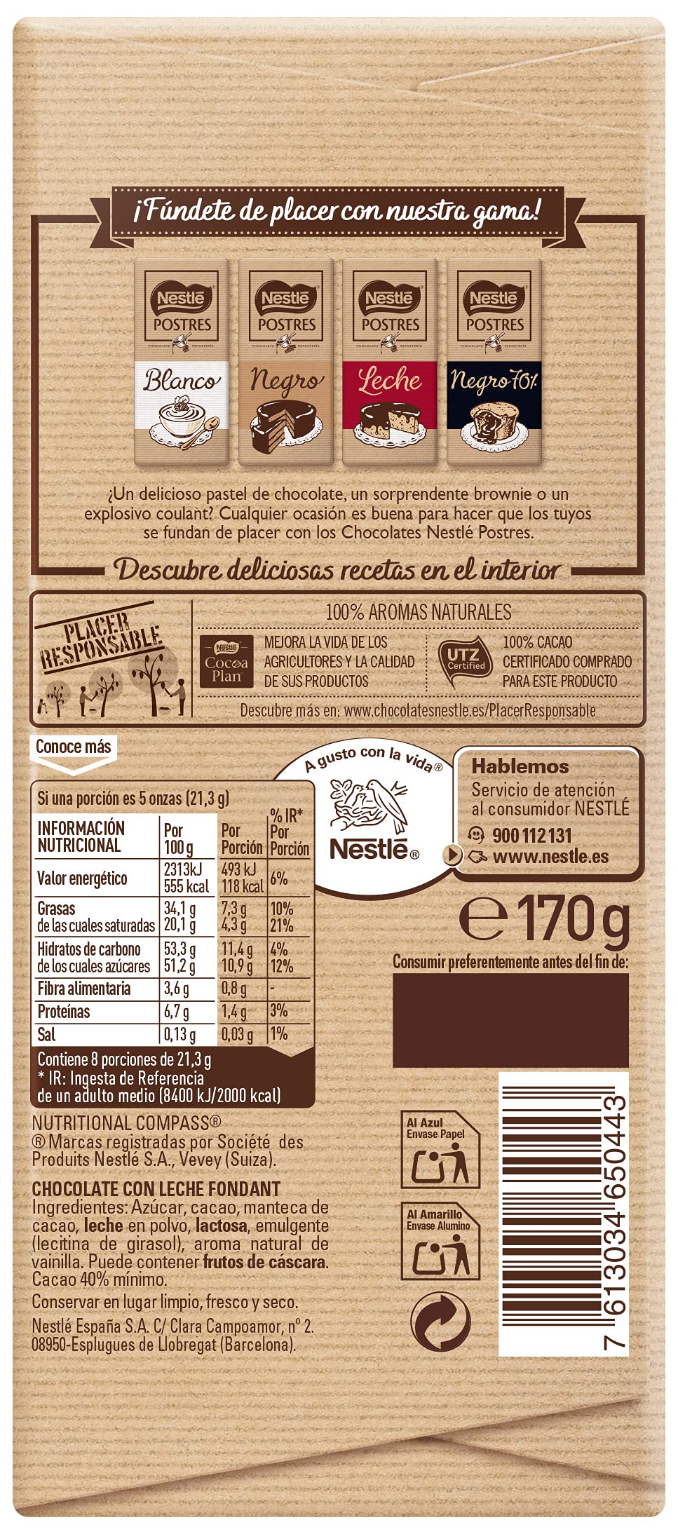 Nestlé Postres Nestlé Chocolate con Leche para fundir, Tableta de chocolate para repostería, 170 g (Paquete de 16)
