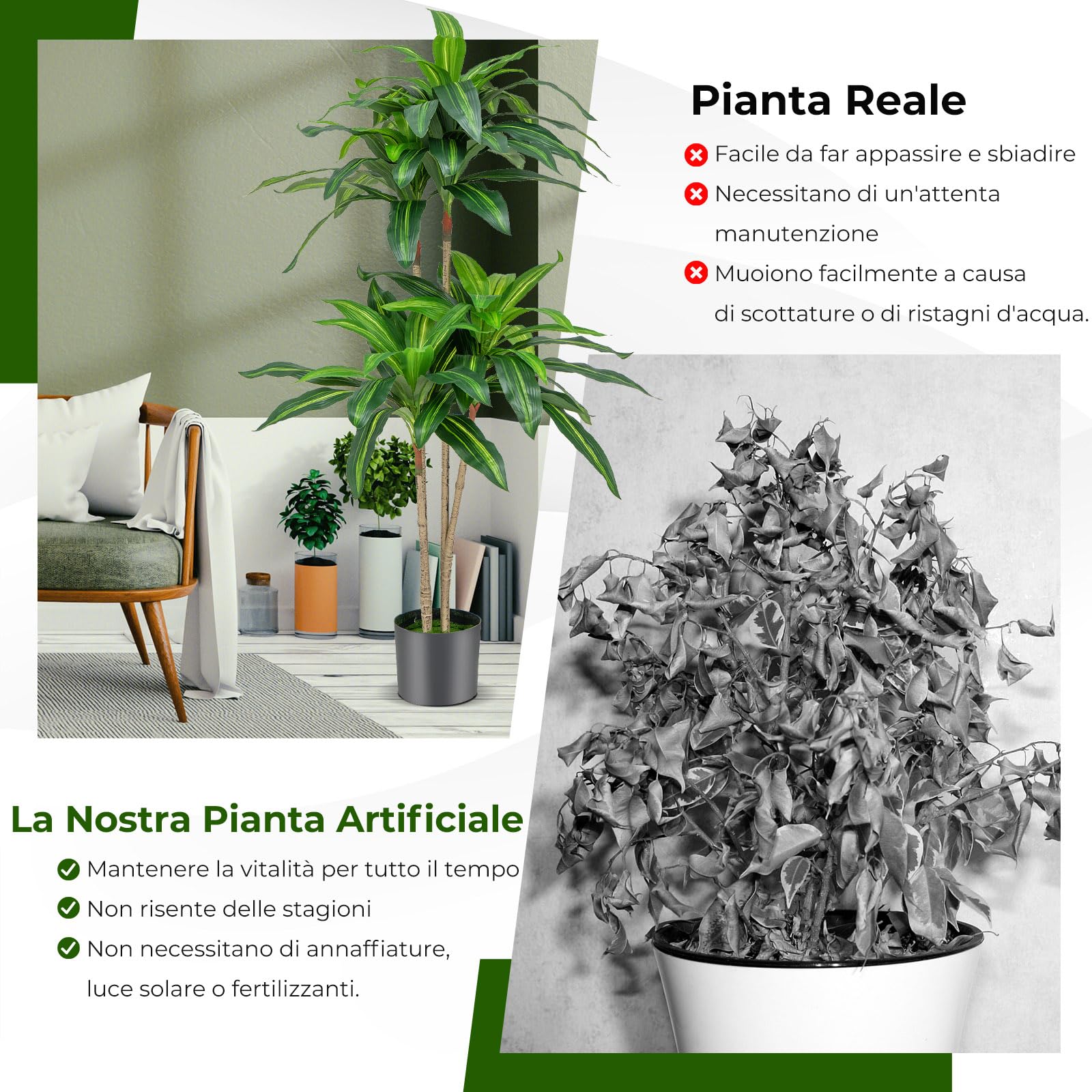 COSTWAY Pianta Finta Dracaena da Interno ed Esterno 140 cm