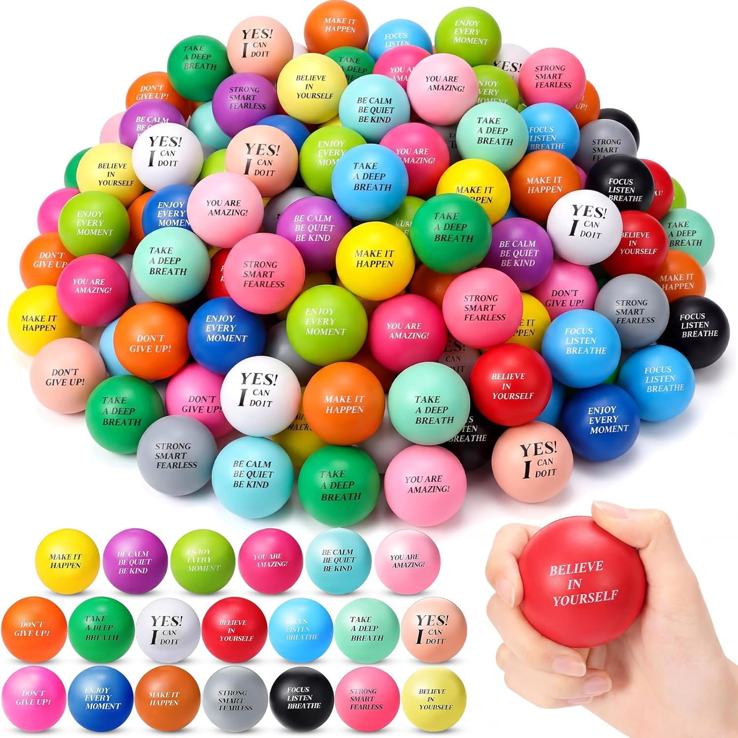 300 Pieces Motivational Stress Balls 1.57 Inches Inspirational Stress Relief Colorful Quotes Anxiety Foam Balls for Kids Adults Students Hand Exercise Toys Encouraging Supplies