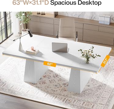 Tribesigns 63-Inch Executive Desk, Large Office Computer Desk with Double Pedestal, Modern Simple Workstations Writing Table Conference Table Business Furniture for Home Office, White
