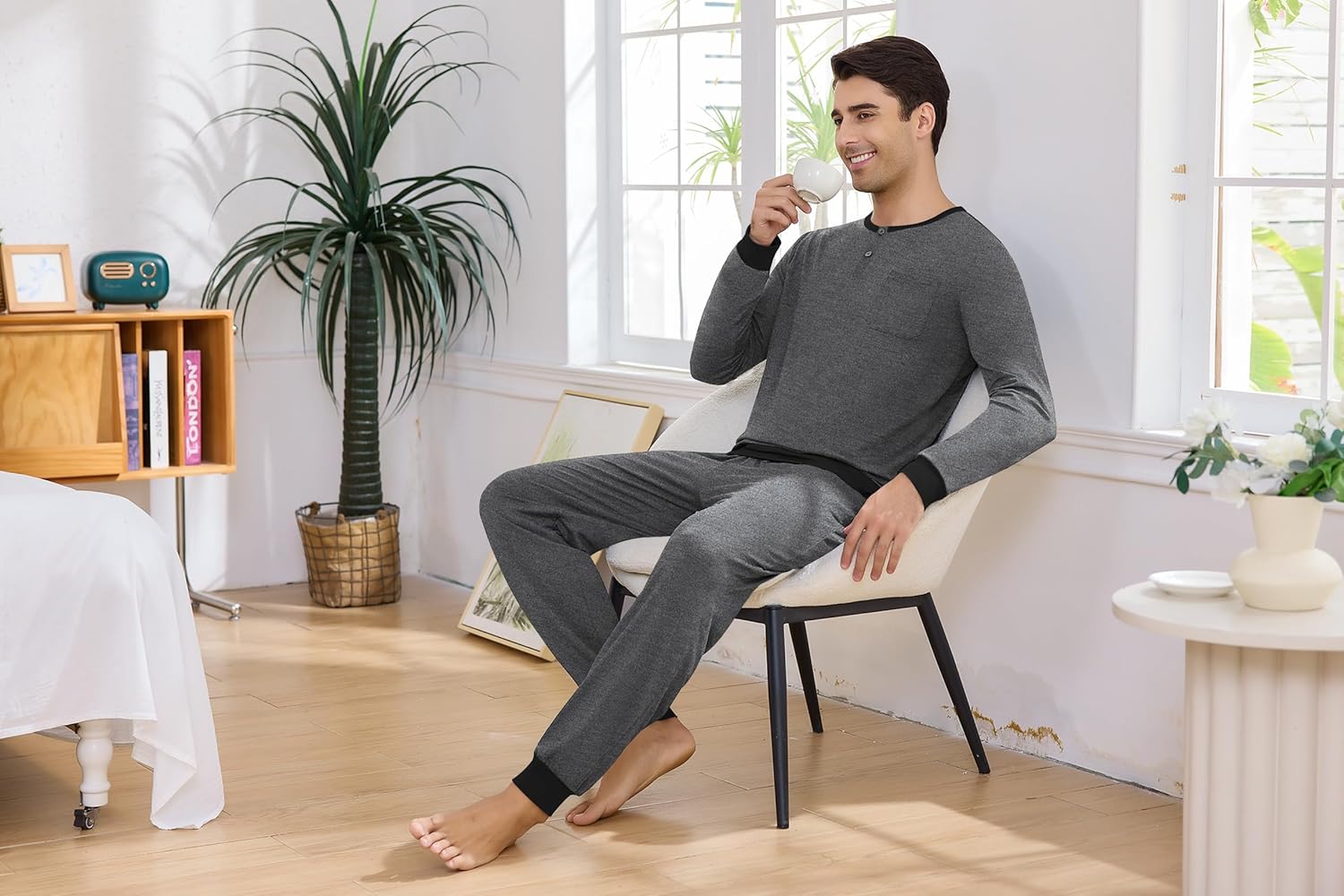 Sykooria Mens Pajamas Set Long Sleeve Soft Sleepwear Cozy Loungewear 2 Piece Comfy Plaid Pjs Set with Pockets - Image 5