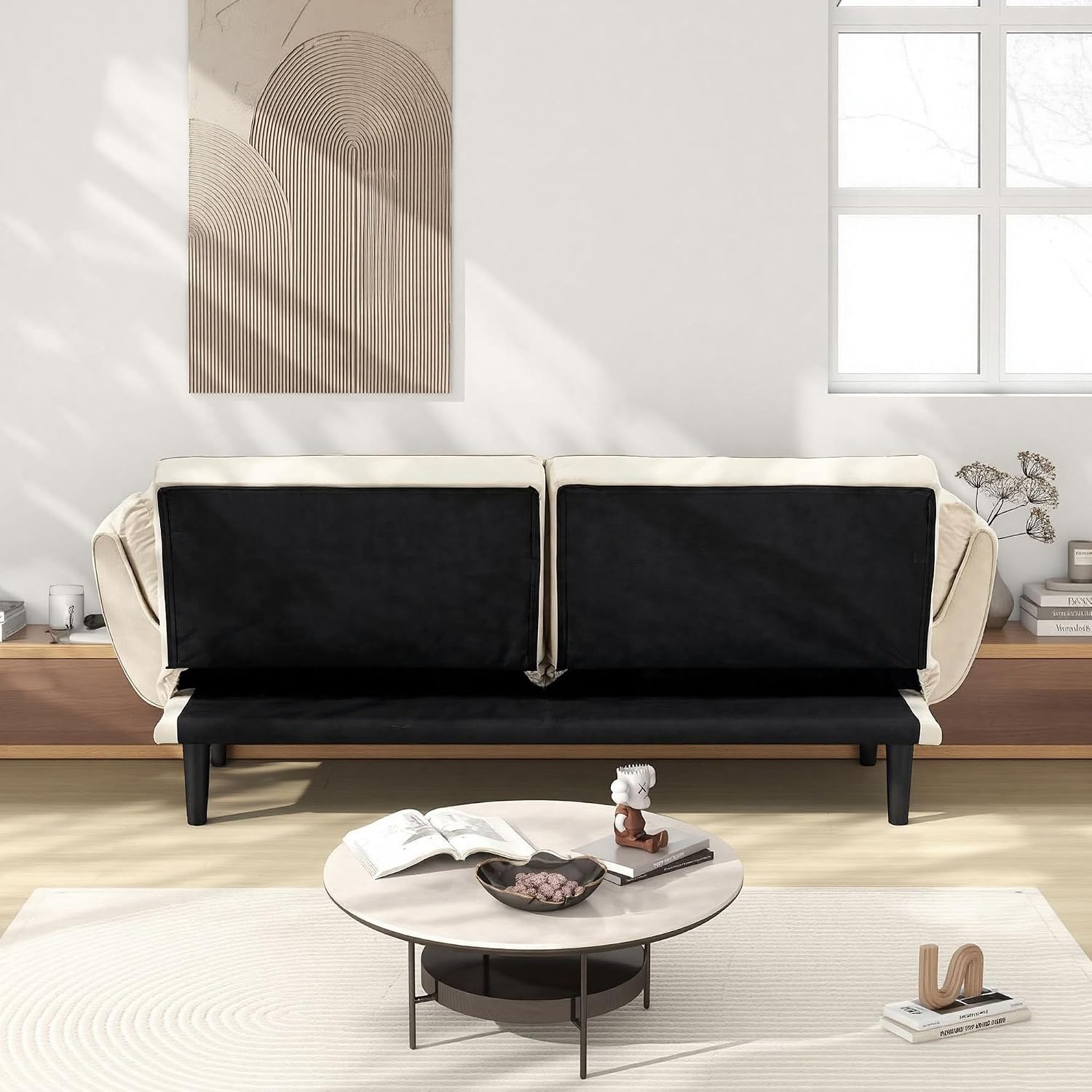 ERYE 74-Inch Velvet Tufted Upholstered Futon Sofabed for Bedroom Living Room, Modern Convertible Futon Loveseat Sleeper Sofa Bed with Adjustable Backrest and Pillows