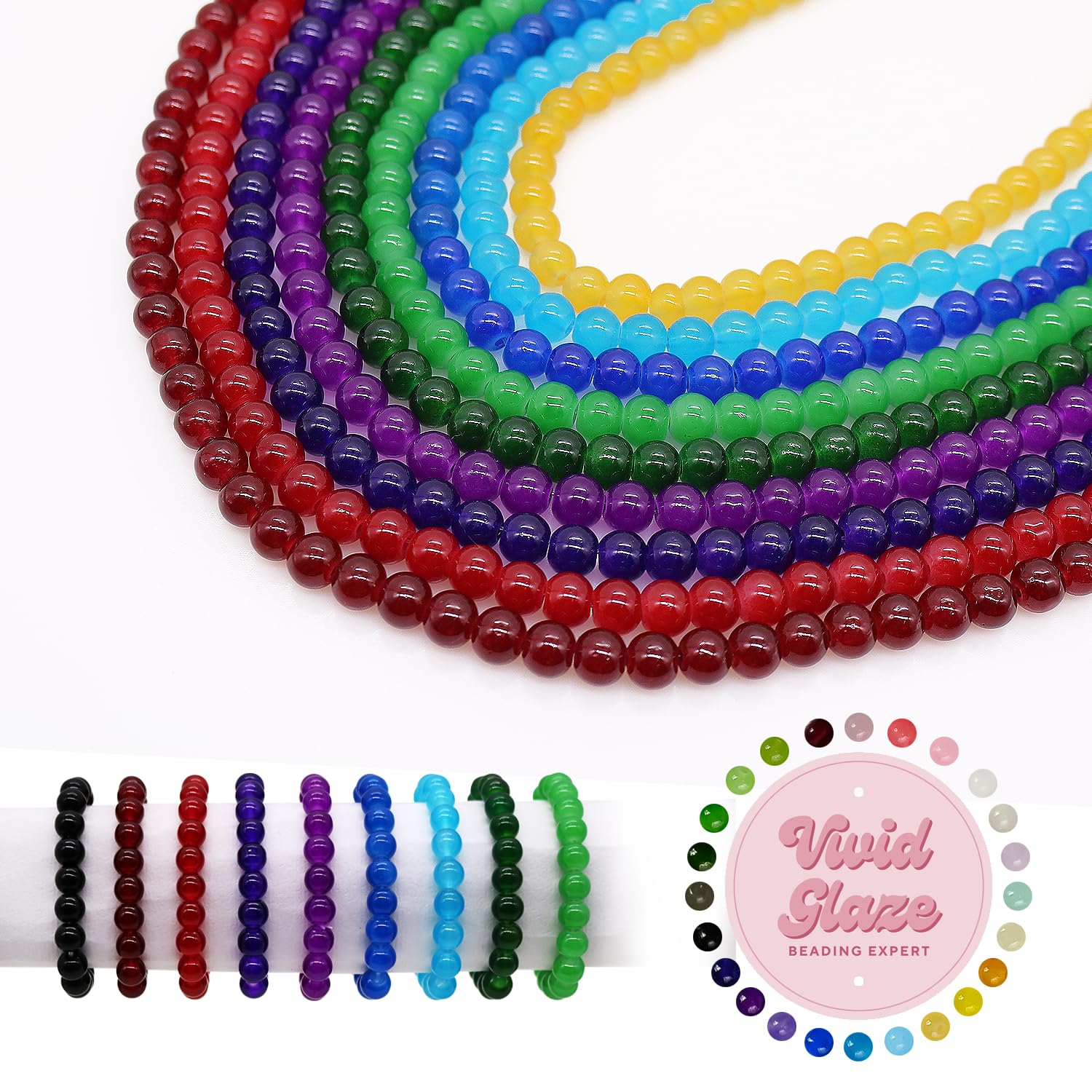 Vividglaze 900 Pcs Glass Beads, Loose Bead Strands for Jewelry Making, 8mm Round Bulk Glass Beads, Beading Supply for Bracelet Making and DIY Crafts (9 Deep Colors)