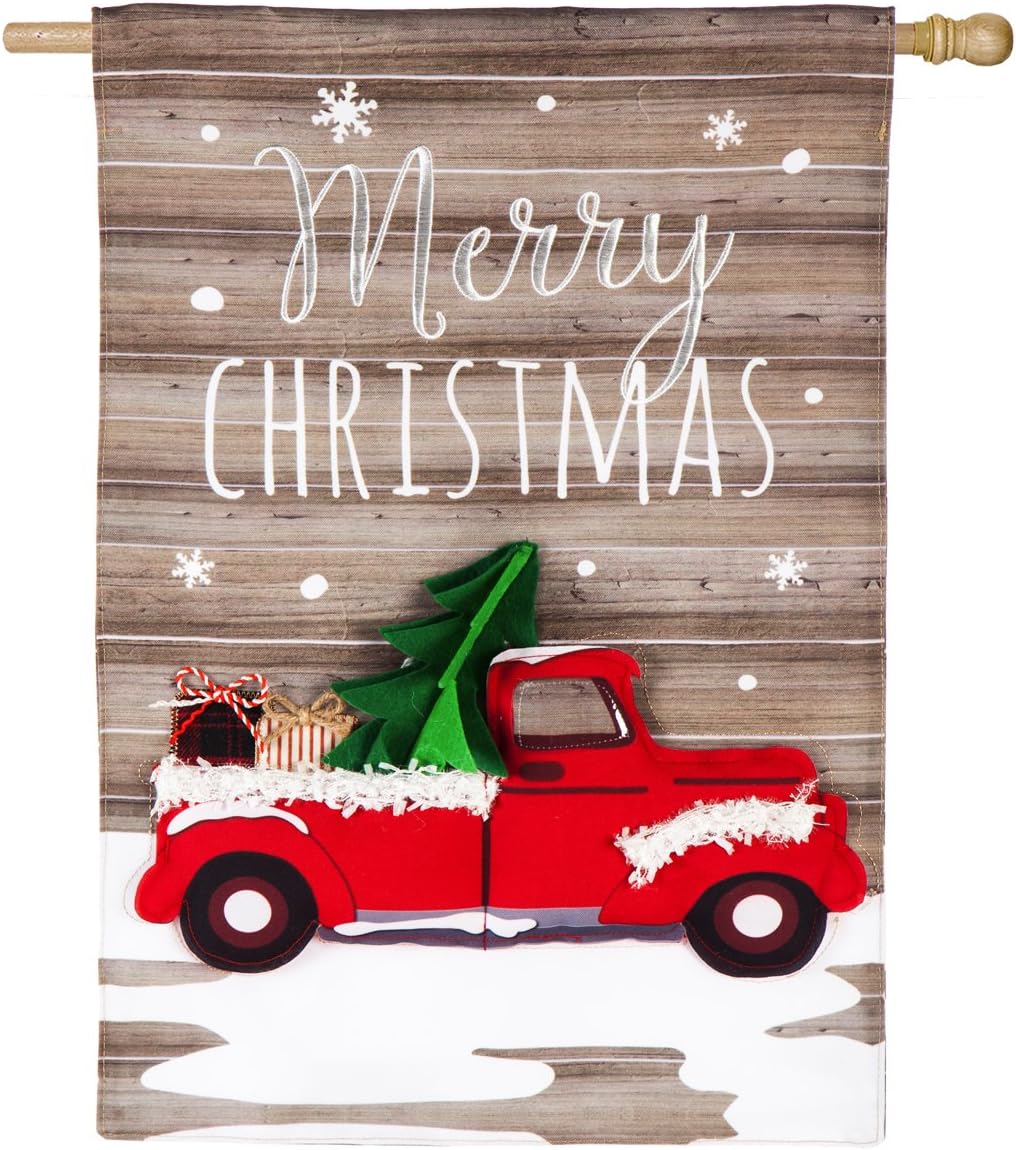 Evergreen Vintage Christmas Truck Outdoor Safe Double-Sided Linen House Flag, 28 x 44 inches