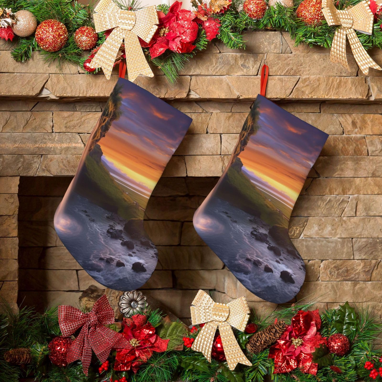 Waterfall at Sunset Christmas Stockings 18 Inches Velvet Xmas Fireplace Hanging Stocking Rustic Christmas Santa Stockings for Home Christmas Decorations Party Favor Supplies