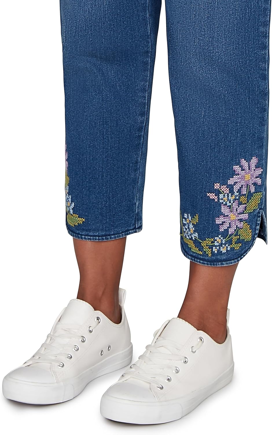 Alfred Dunner Women's Petite Cross Stitch Flower Embroidery Ankle Pant, Size 14P, Dark Indigo