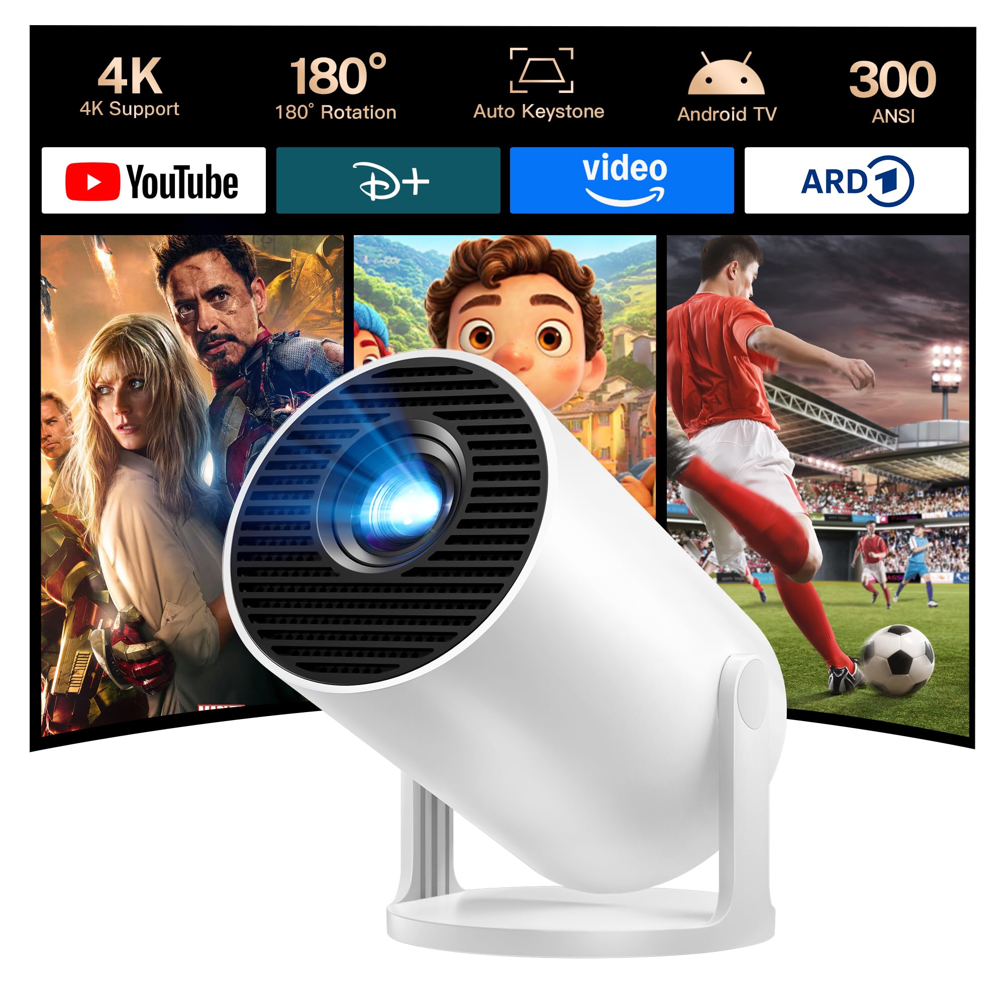 Mini Beamer 4K-Unterstützung, Android 14, WiFi&Bluetooth HY300pro+