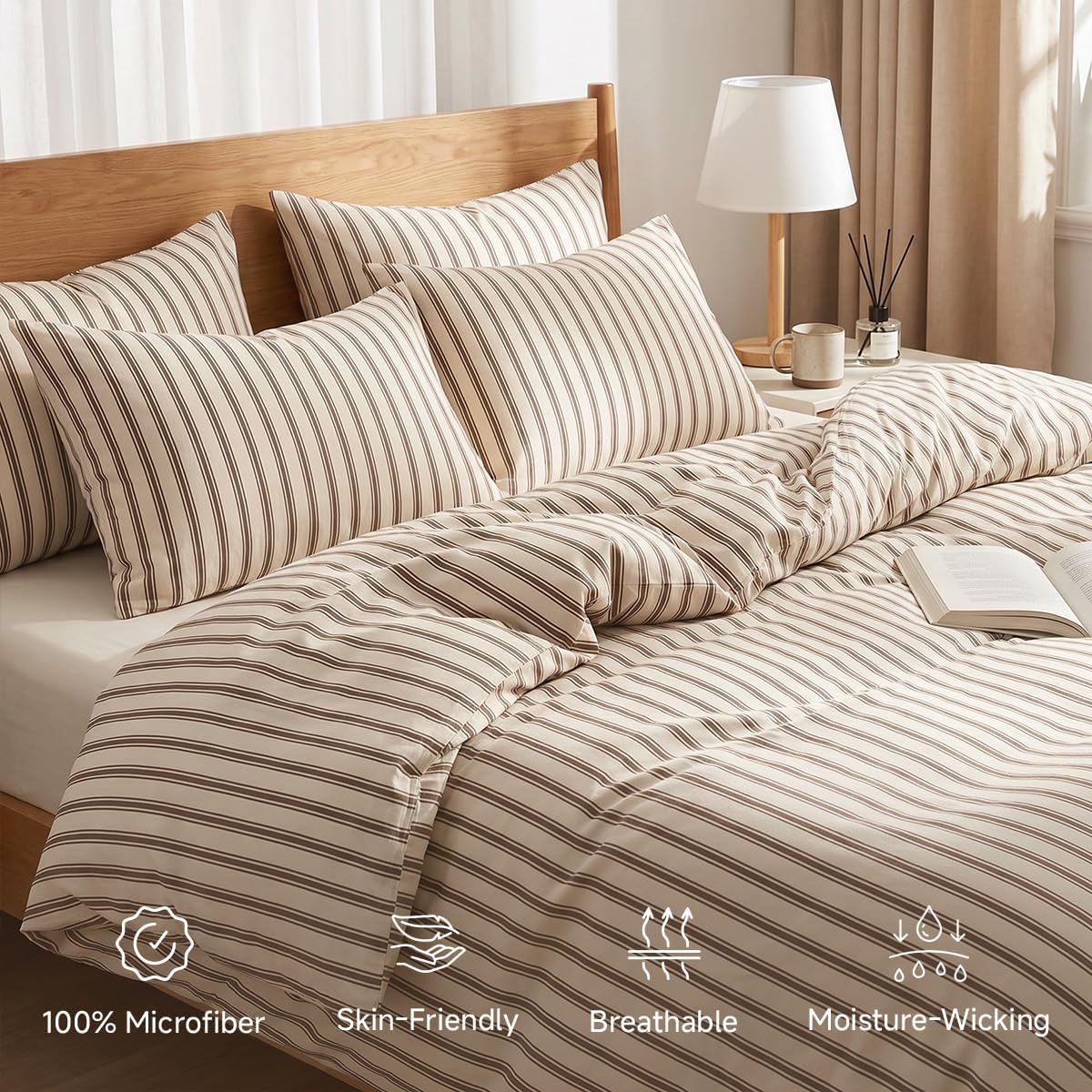 Striped Comforter Set Queen Size Brown Beige Bedding Sets 3Pcs