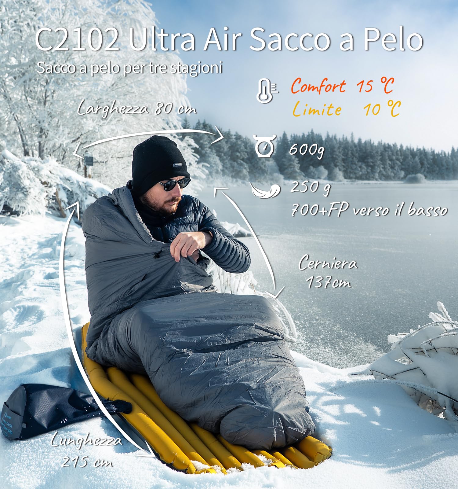 Litume Sacco a pelo Mummia Ultra Leggero in Piuma D'oca, 700 Fill Power, Sacco per 3 Stagioni, Ultra Leggero, Compatto e Portatile, per Escursionismo, Viaggi, Campeggio, Zaino, Adulti