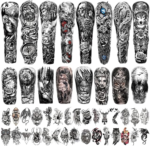 Metuu 46 Sheets Full Arm Waterproof Temporary Tattoos For Men(L22.8xW7), Tiger Clock Flower Skeleton Animals Fake Tattoos For Adult Men and Women, Hand Forearm Shoulder 3D Temp Tattoo Stickers