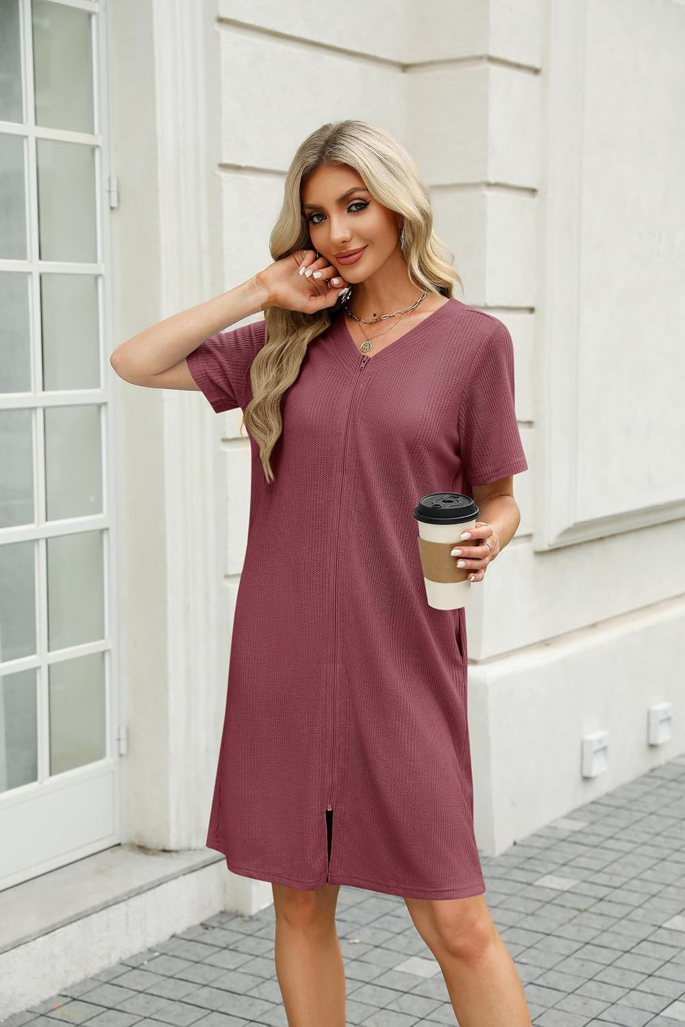 Ekouaer Women Zipper Robe Waffle Bathrobe Short House Coat with Pockets image 2