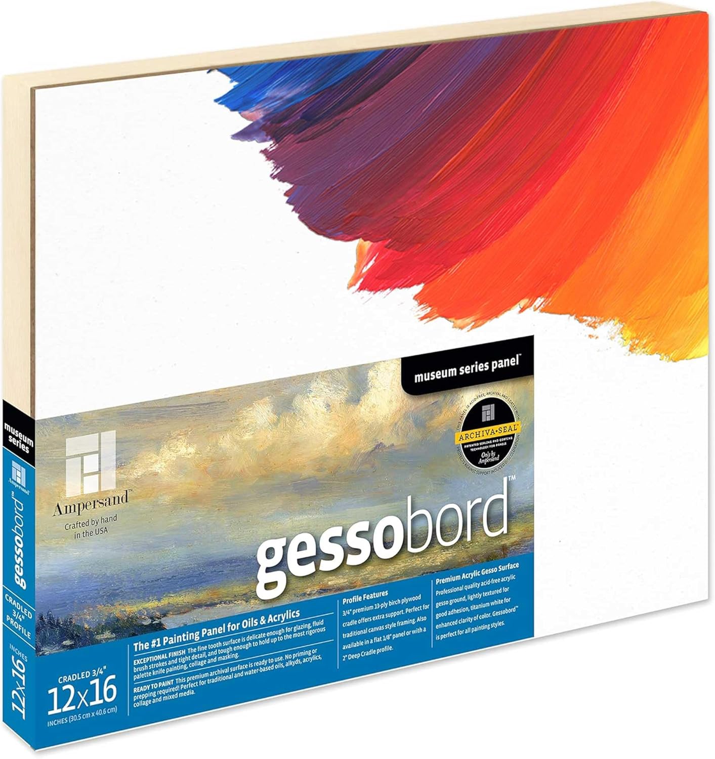 Ampersand Art Supply Museum Series Gessobord | 12x16 | 3/4" Cradled Profile | Gesso Wood Painting Panel for Oil and Acrylic Paint & Mixed Media | Canvas Panel Alternative in Professional Art Supplies