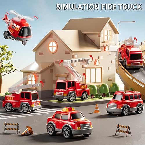 Miniatura 2 de Camiones de bomberos 7 en 1 para niños de 3, 4, 5, 6 años, camiones de transporte para niños pequeños de 4 a 6 años, camiones de juguetes con sonido