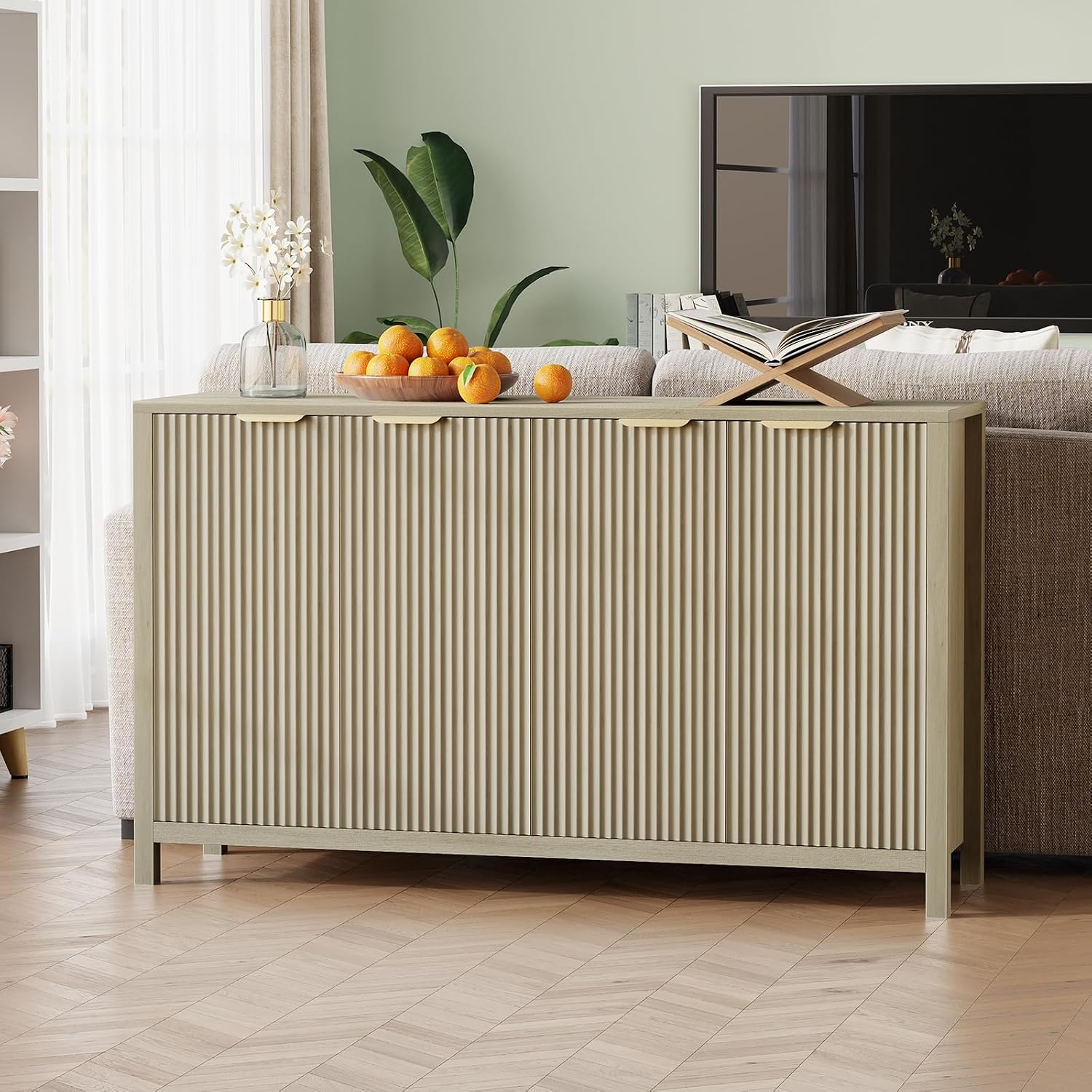 55 Inch Modern Fluted Buffet Cabinet with 4 Doors & Adjustable Shelves, Wood Storage Sideboard Credenza for Dining Room, Living Room & Entryway