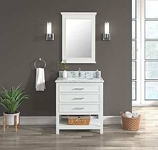 Manhattan 30" Single Bathroom Vanity, 31" W x 22" D x 34.5" H, Carrara Marble Top with Sink and Backsplash, Dove White, Solid Wood, Pre-Assembled, 3 Soft-Close Drawers, 1 Shelf