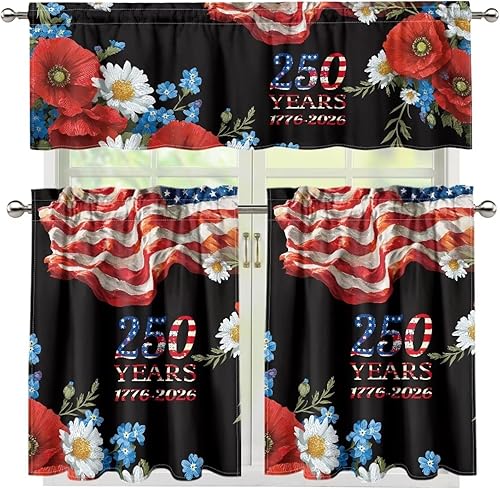 Miniatura 32 de Juego de 250 cortinas de cocina con bandera estadounidense para ventanas, fácil de instalar, cortinas cortas de 24 pulgadas con bolsillo para barra