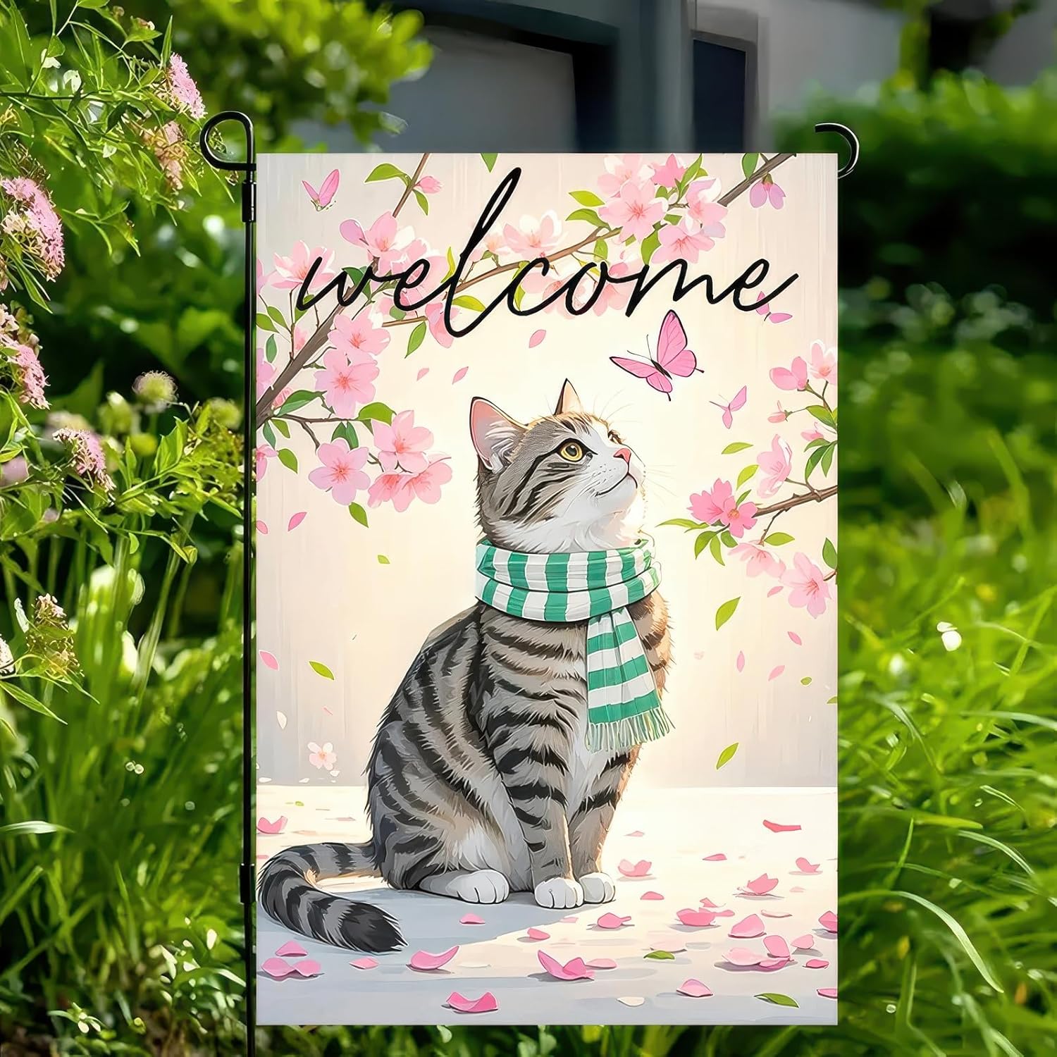 Welcome Spring Garden Flag 12x18 Inch Double Sided Cat Cherry Blossoms Seasonal Small Flags For Outside Outdoor Decor Yard Farmhouse Holiday Spring Summer Decorations Yard Flags - Image 8