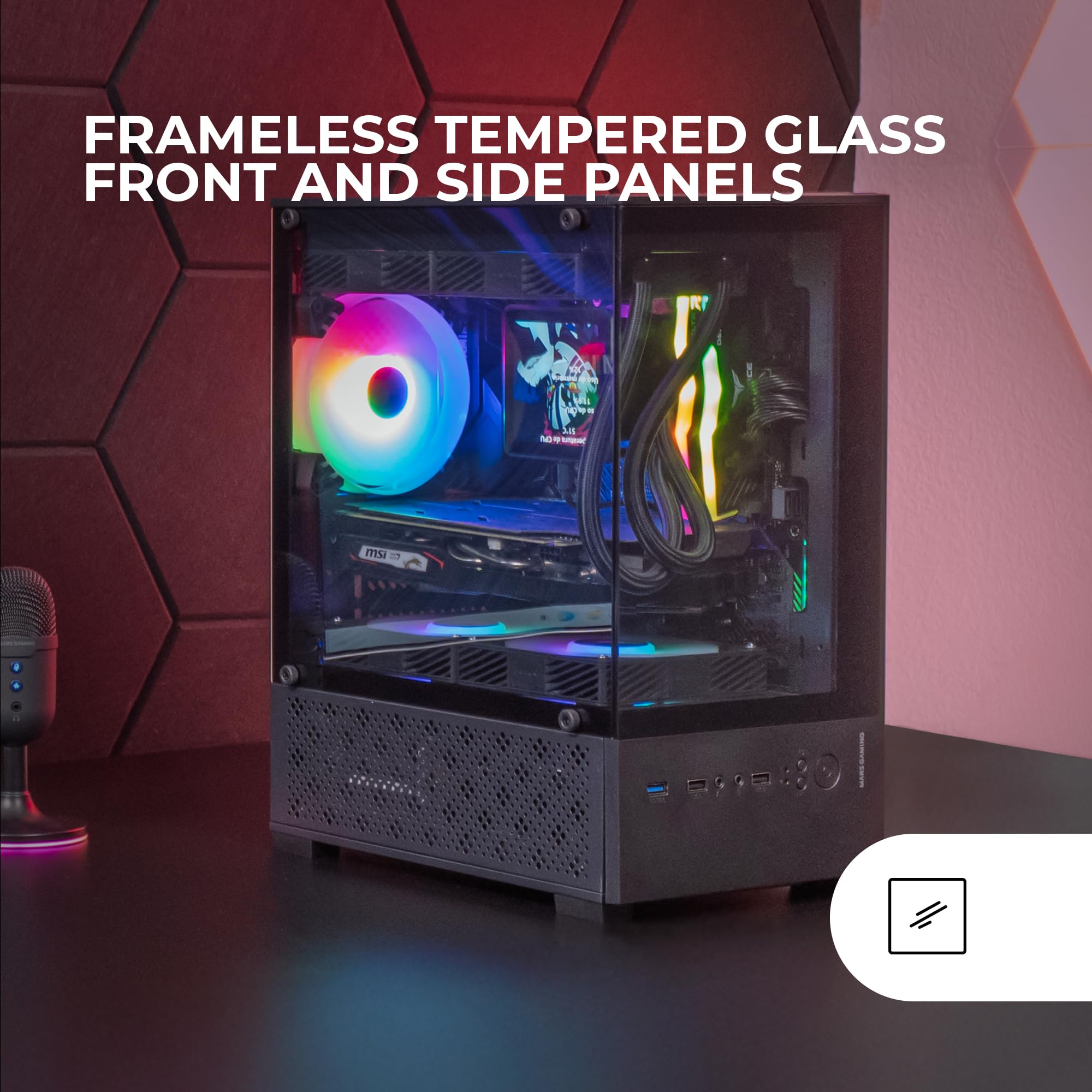 Mars Gaming MC-SE2, MicroATX Gaming-Gehäuse, Gehärtetes Glas an Vorder- und Seitenwand ohne Rahmen, 120mm FRGB-Lüfter, Zwei-Kammer-Struktur, Kompaktes PC-Gehäuse mit großem Innenraum, Schwarz - 2
