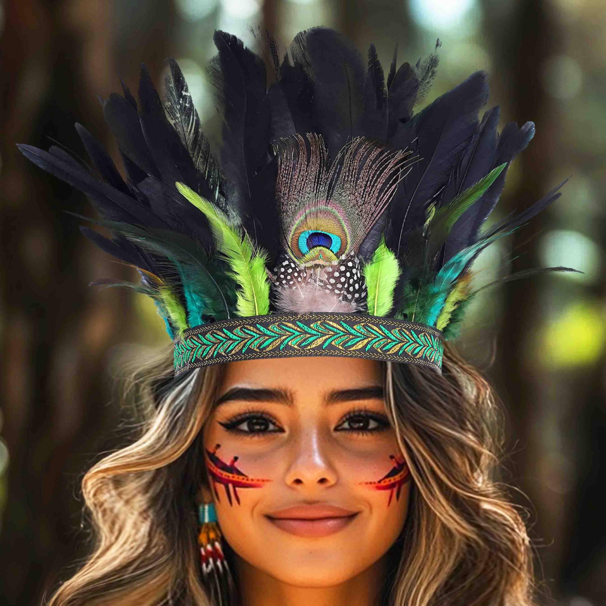 Fashband Peacock Feather Headband Fascinator Decorative Crowns Hippie Headpiece Tribal Festival Costume Headband for Women (Green