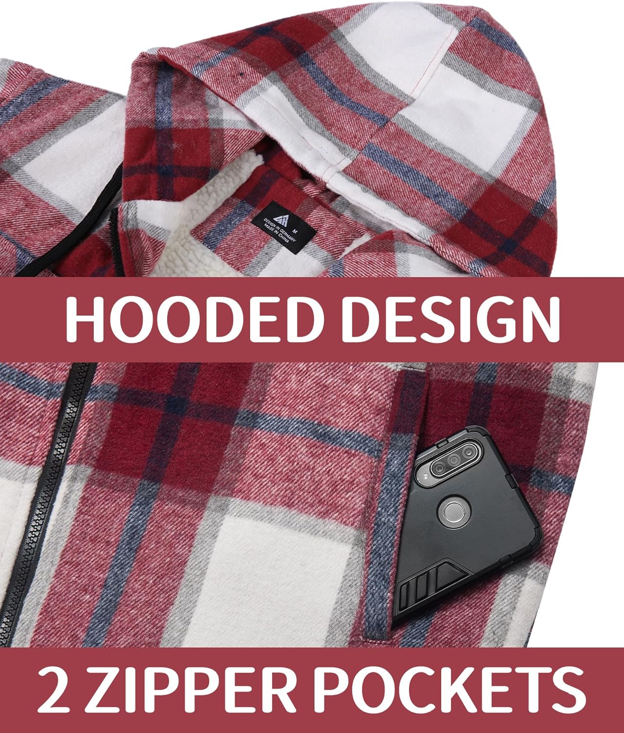 JACKETOWN Mens Flannel Hoodies Plaid Hoodies Winter Zip Up Fleece Jacket Sherpa Fleece Lined Warm Flannel Jacket Coat - Image 5