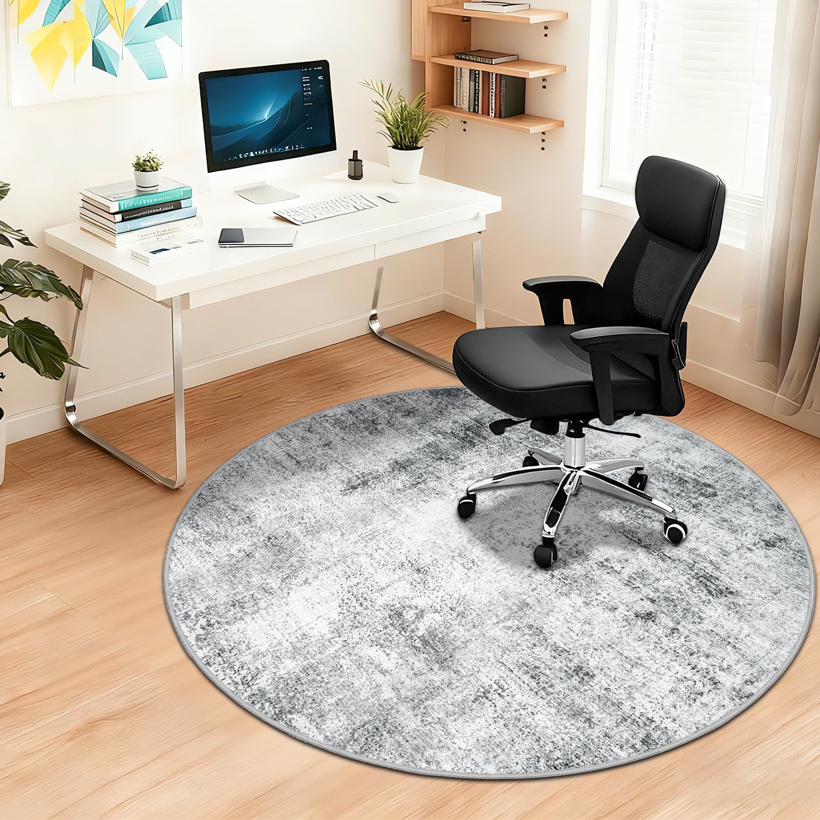 Capslpad Office Chair Mats for Hardwood Floor ø120cm Round Non-Slip Modern Abstract Home Multi Purpose Chair Mat Low Pile Floor Protector Chair Carpet Rug for Tile Laminate Rolling Chair, Grey