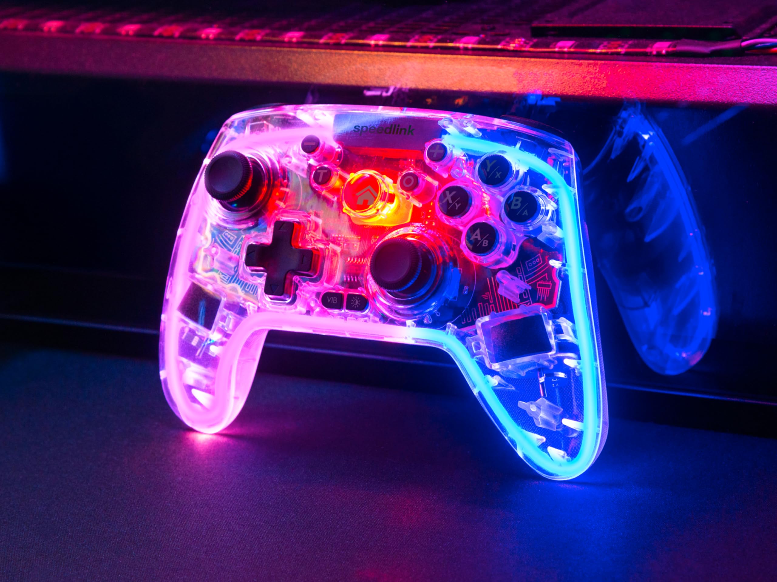 Speedlink RAIT NX RGB Gamepad - Wireless Bluetooth/USB 2.4G Controller PC | /Switch/PS3/Android, Bluetooth & 2.4G USB, Hall Effekt Sensoren, Dual Vibration, Turbo-/Makro-Tasten, Transparent beleuchtet