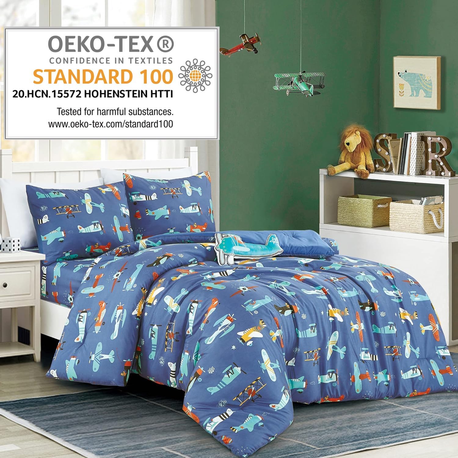 Blue Airplanes Comforter Set for Boys & Girls - Teen. Kids Room Bedding - Full Size - Includes Comforter, Fitted Sheet, Pillow Sham & Plush Airplane Pillow