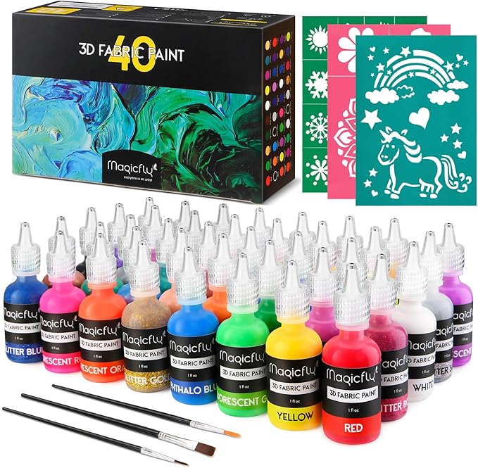 Magicfly 3D Fabric Paints, 40 Colors Puffy Paint Set with Fluorescent