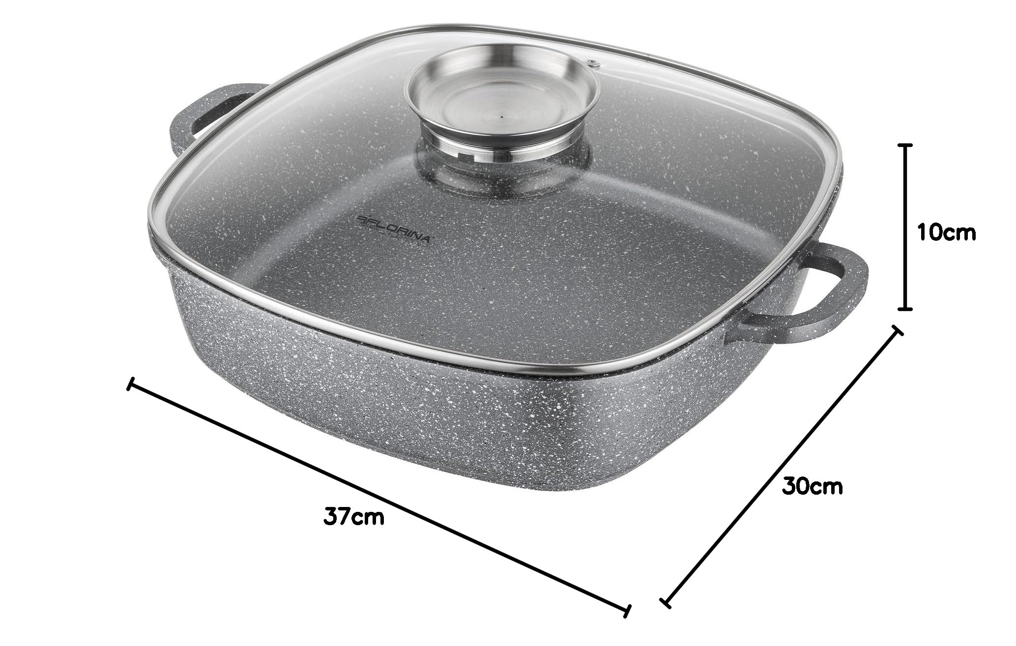 FLORINA Cazuela de Aluminio (3,5 l) I Cazuela Cuadrada LAVA con Tapa de Vidrio y Asas I Apta para Horno I No Contiene PFOA, Libre de Cadmio, Libre de Plomo I Ideal para Todos los Tipos de Cocinas