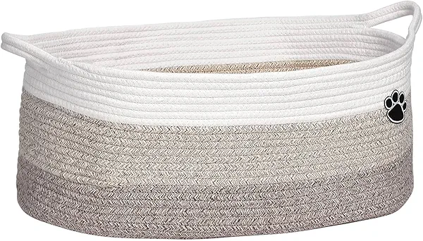 Optish Dog Toy Basket, Toy Box and Bin for Dog Cat Storage, 19.7" X 11" X 7.9" (30L) Large Woven Rope Basket for Blanket Storage, Living Room, Bedroom, White & Brown