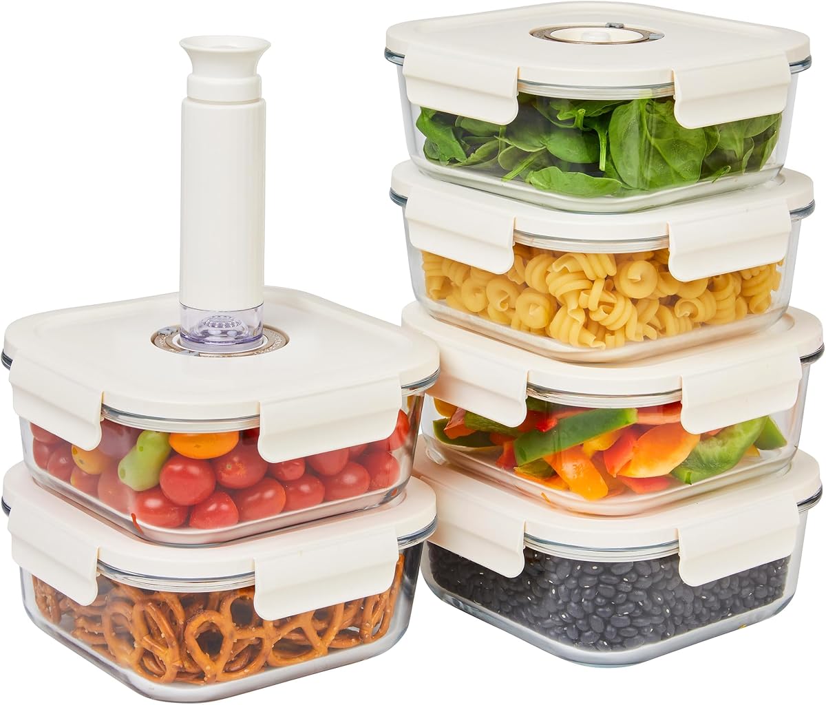 Food Storage Containers With Vacuum Sealing, Set of 6 | Glass Containers, One Manual Pump, Keep Food Fresh Longer, BPA-Free Glass, Leak-Proof, Ideal for Meal Prep, Marinating