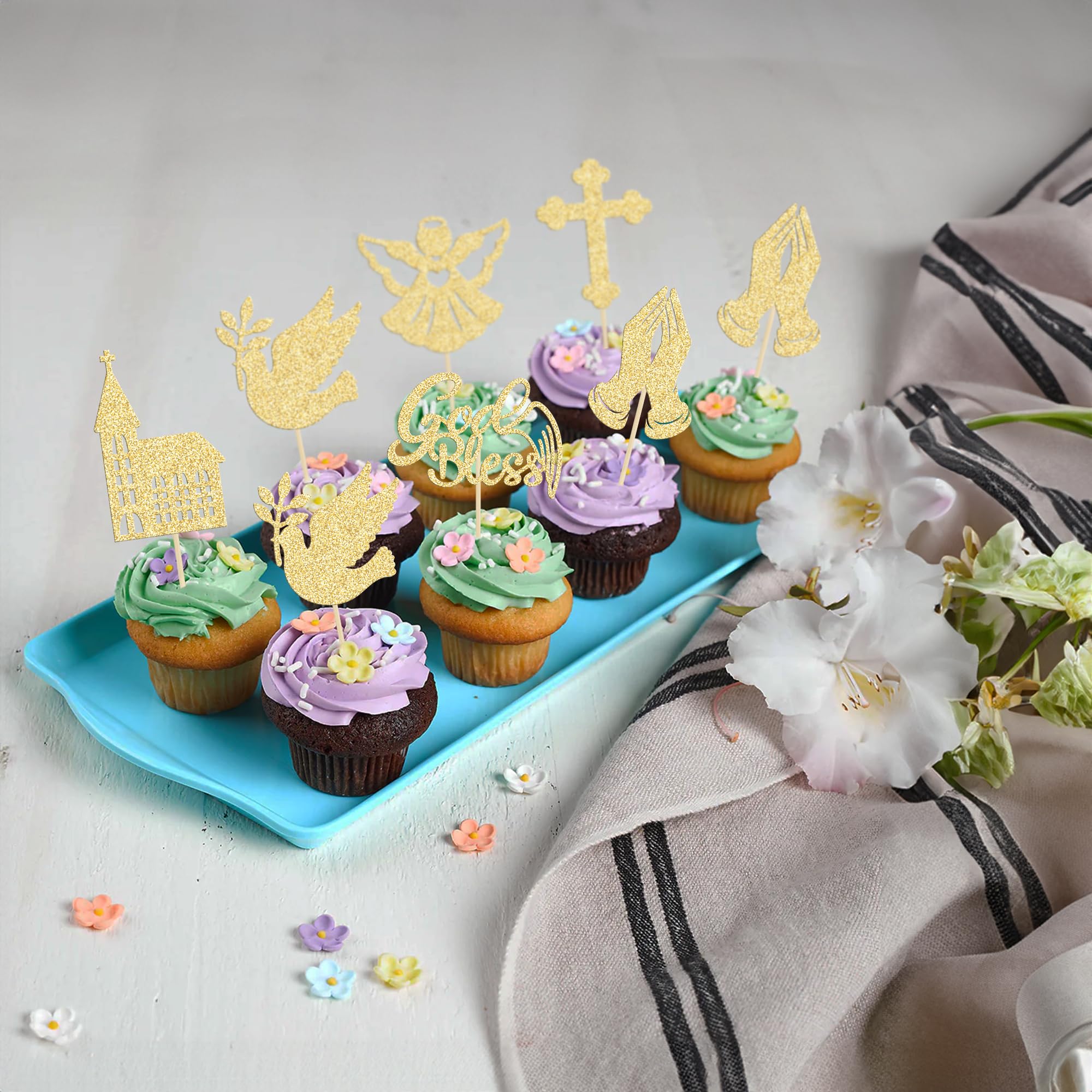 Gyufise Confezione da 24 topper per cupcake con croce di colomba e angelo e chiesa, tema religioso, per baby shower, compleanno, Natale, torta, colore: argento