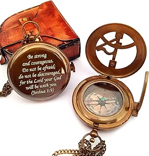ISHRAT DECOR Be Strong and Courageous Engraved Sundial Compass, Confirmation Gift Ideas, Baptism Gift For Boys, Inspirational Gift For Men -Engraved 1:9 Sundial Compass Camping Compass