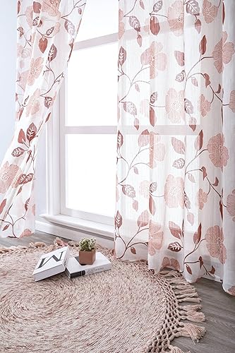 Miniatura 3 de 63 cortinas transparentes, 2 paneles, cortina de gasa semitransparente con patrón de ramas de hojas de flores, rojo, 34 pulgadas de ancho x 63