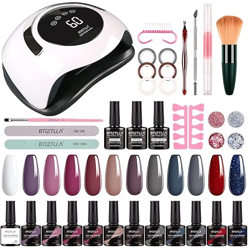 Btiztlla Kit de esmalte de uñas de gel con luz UV de 120 W 12 colores blanco nude juego de esmalte de uñas de gel con purpurina UV lámpara de uñas