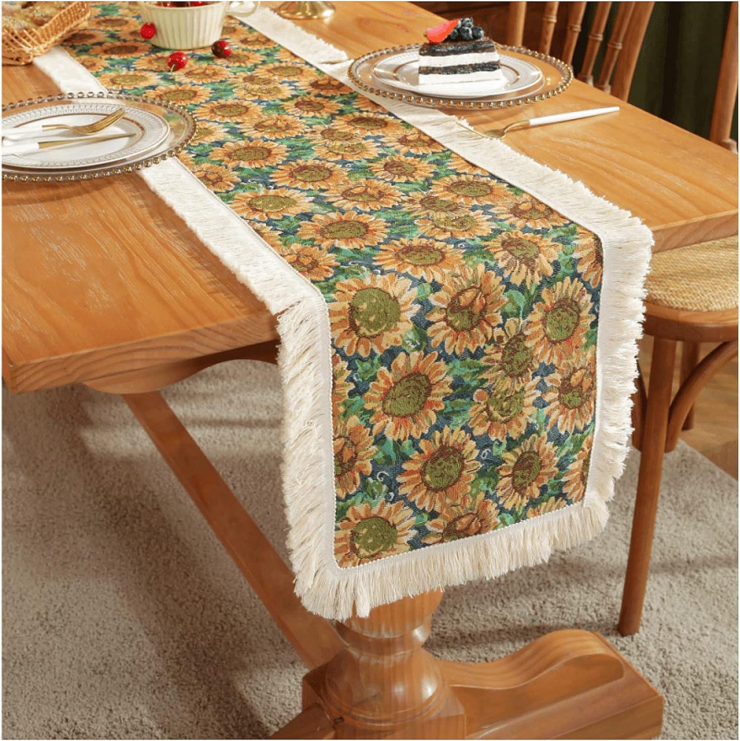 Waindark Boho Cheesecloth Sunflower Table Runner, Macrame