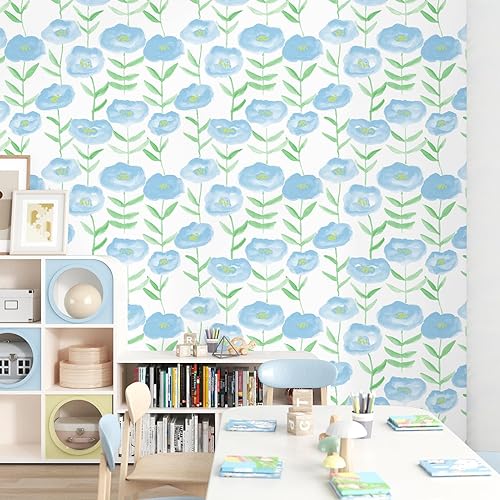 Miniatura 7 de Papel tapiz floral azul para despegar y pegar, papel de contacto de flores lindo para gabinetes, papel tapiz autoadhesivo impermeable para