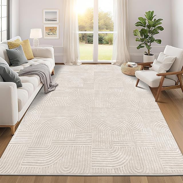 Pauwer Area Rug 8x10 for Living Room Non Slip Washable Rugs for Bedroom Soft Fluffy Geometric Rug for Bedroom Boho Accent Rug Carpet for Kids Room Dining Room Kitchen, Beige