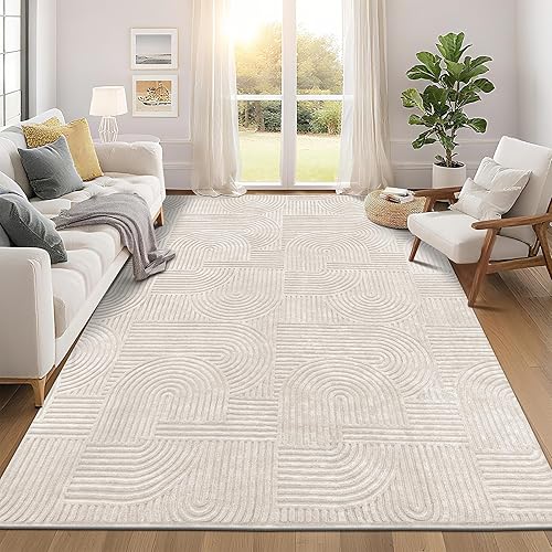 Pauwer 8x10 Washable Area Rugs for Living Room Modern Beige Solid Color Soft Fluffy Rugs for Bedroom Non Slip Boho Accent Indoor Mat Floor Carpet Cover for Kids Room Dining Room Kitchen Office