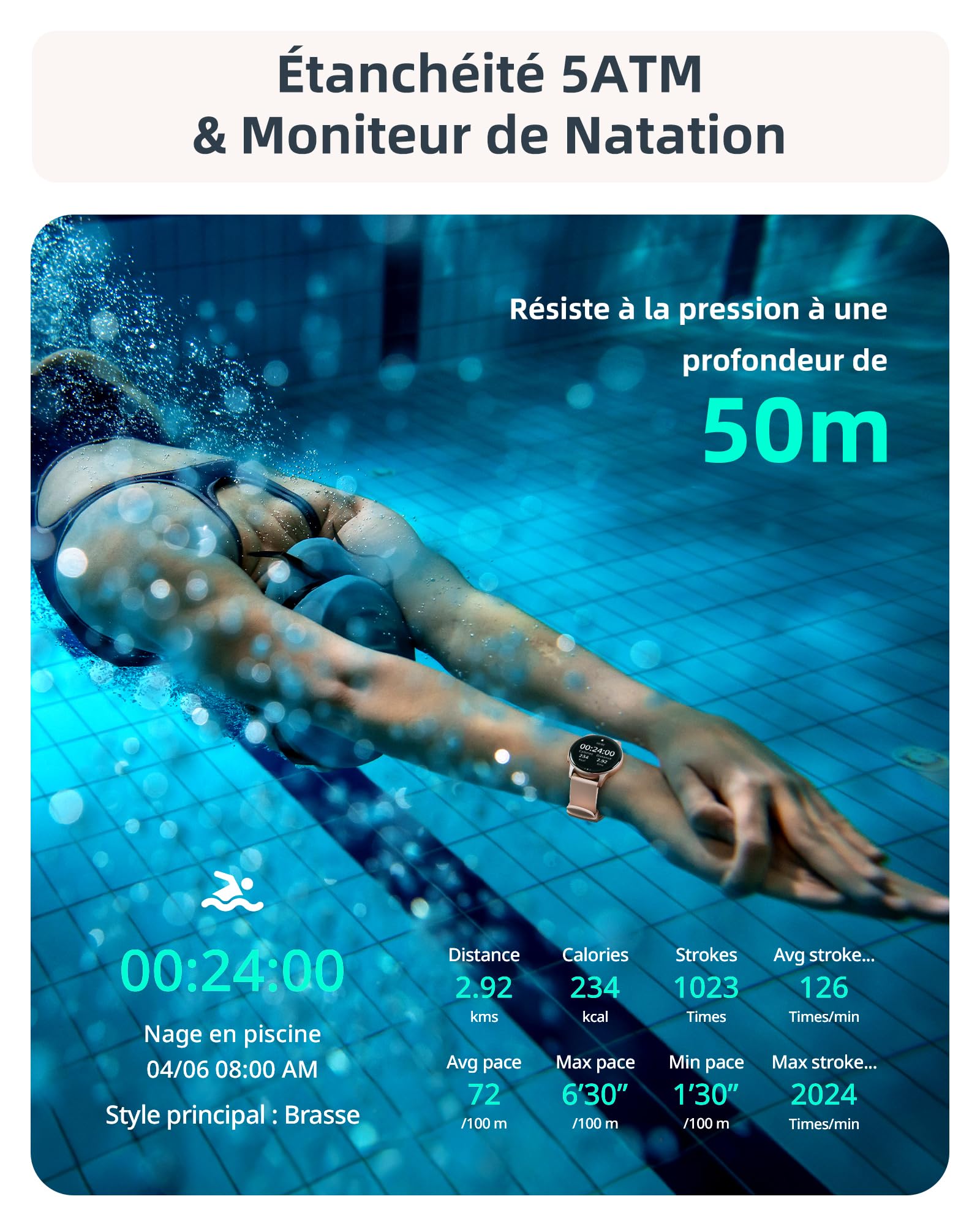 Parsonver Montre Connectée Femme avec Appels Bluetooth, 5ATM Étanche pour Natation, Smartwatch avec 100+ Sportifs, Sommeil, Fréquence Cardiaque, Montre Connecté pour Android & iPhone (Or Rose, 44 mm)