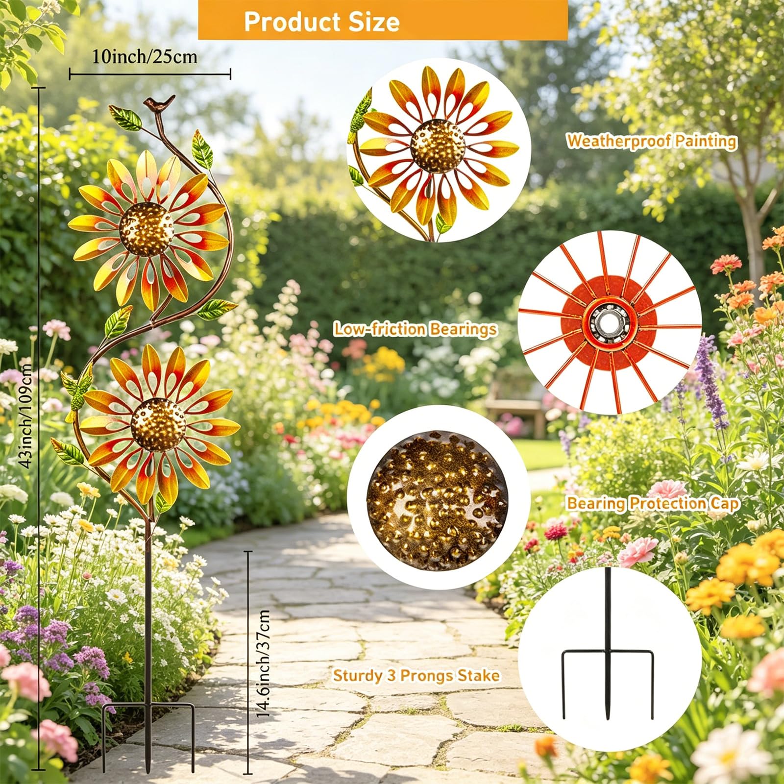 Girasoles - Molinillo giratorio de viento para jardín para césped exterior, patio, resistente a la intemperie, molino de viento giratorio de hierro con girasoles dinámicos, estaca de molino de