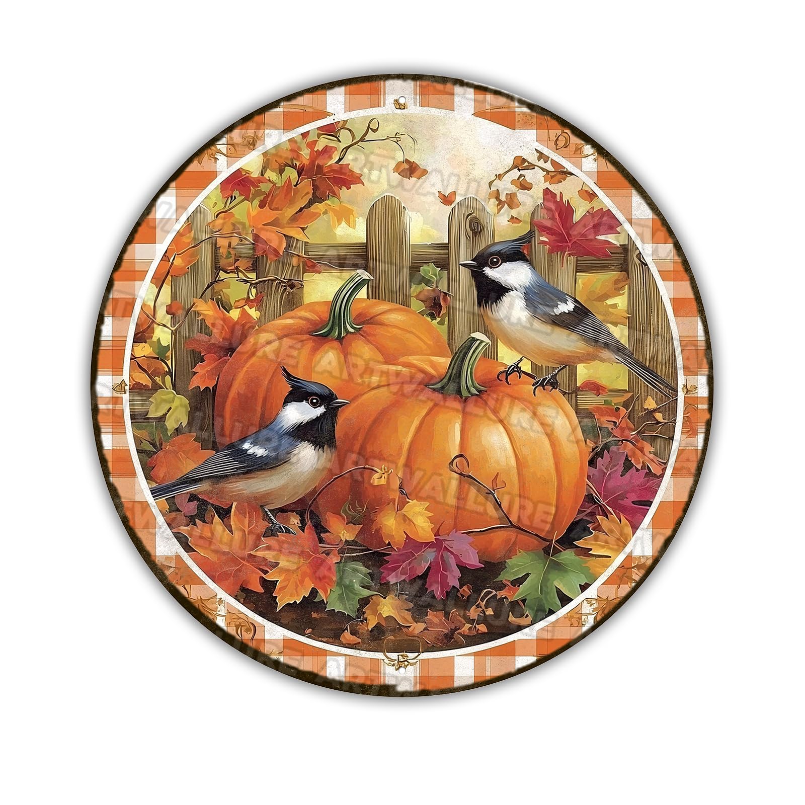 Round Bird Fall Pumpkins Wreath Sign Thanksgiving Pumpkin Metal Tin Sign for Home Livingroom Coffee Bar Farmhouse Idyllic Wall Art Decor Gift 8x8inch