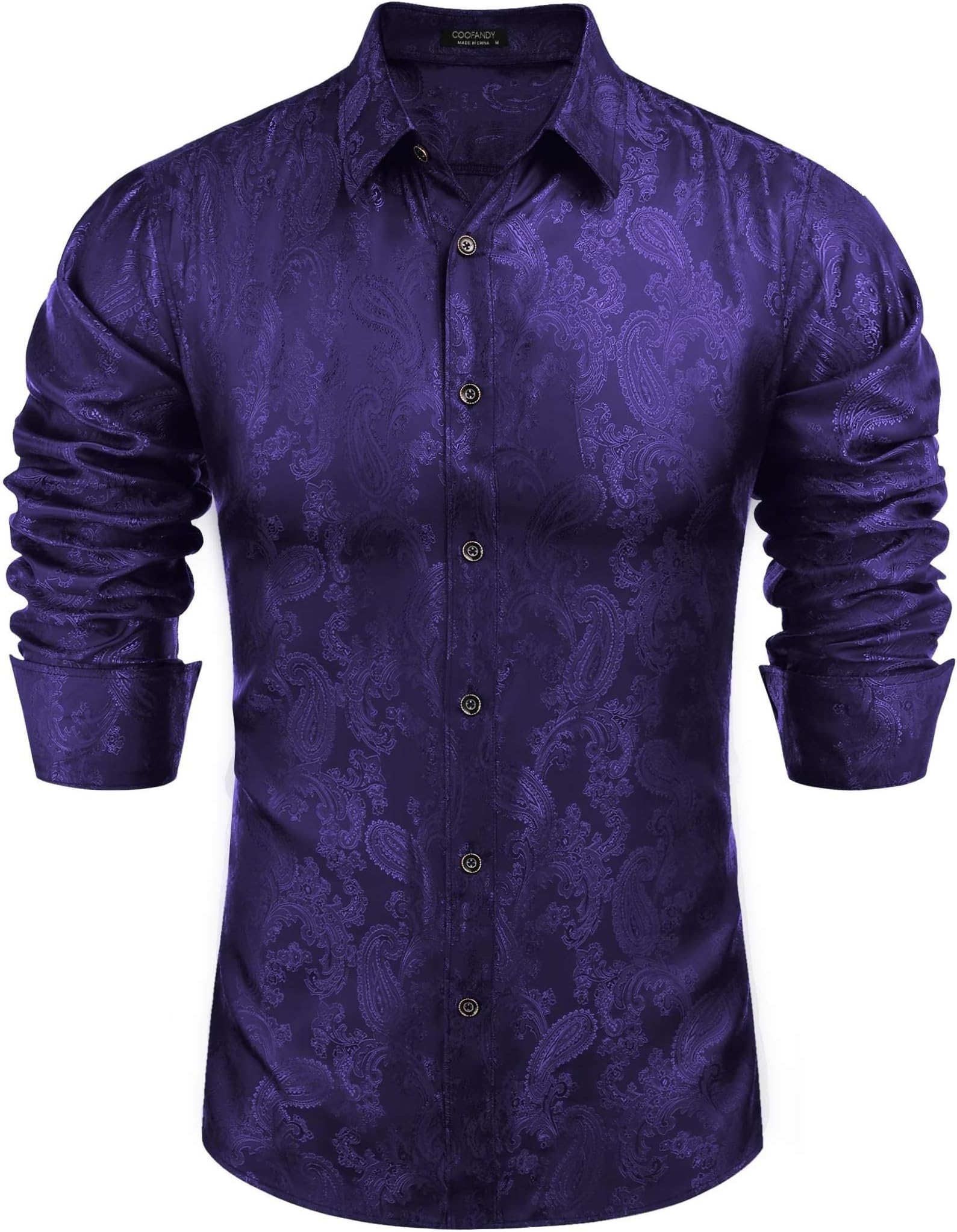 COOFANDYMen's Silk Satin Dress Shirt Long Sleeve Floral Printed Shirt Paisley Button Down Shirts for Wedding Party Prom