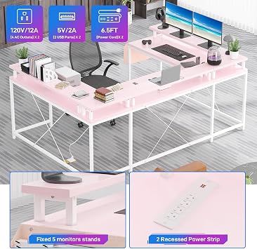 U-Shaped Computer Desk, Reversible L-Shaped Gaming Table, Large Corner Table with LED Light Strip, Power Outlet, Monitor Stand, Storage Shelf for Home Office Dorm Sturdy Writing Workstation