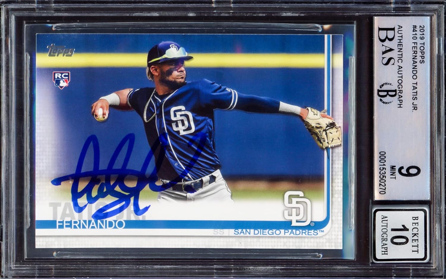 Fernando Tatis Jr. Autographed 2019 Authentic Rookie Card #410 San Diego BGS 9 Auto Grade Gem Mint 10 Beckett BAS Stock #212277