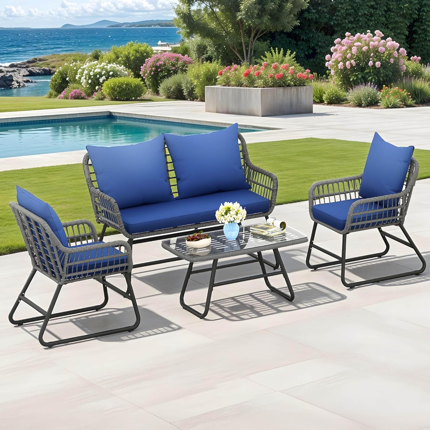 YITAHOME 4-Piece Patio Furniture Wicker Outdoor Bistro Set, All-Weather Rattan Conversation Loveseat Chairs for Backyard, Balcony and Deck with Soft Cushions and Metal Table (Navy Blue)