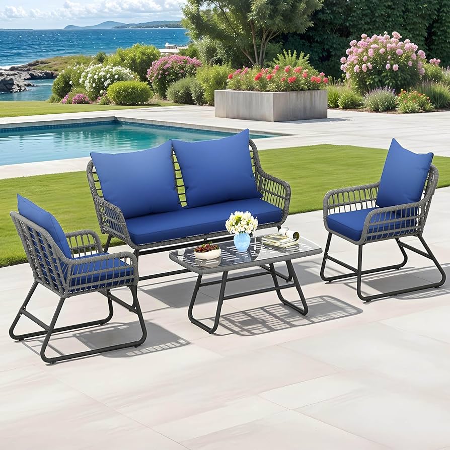 patio様 Gray 4-Piece Wicker Outdoor Patio Sectional Set, Rattan