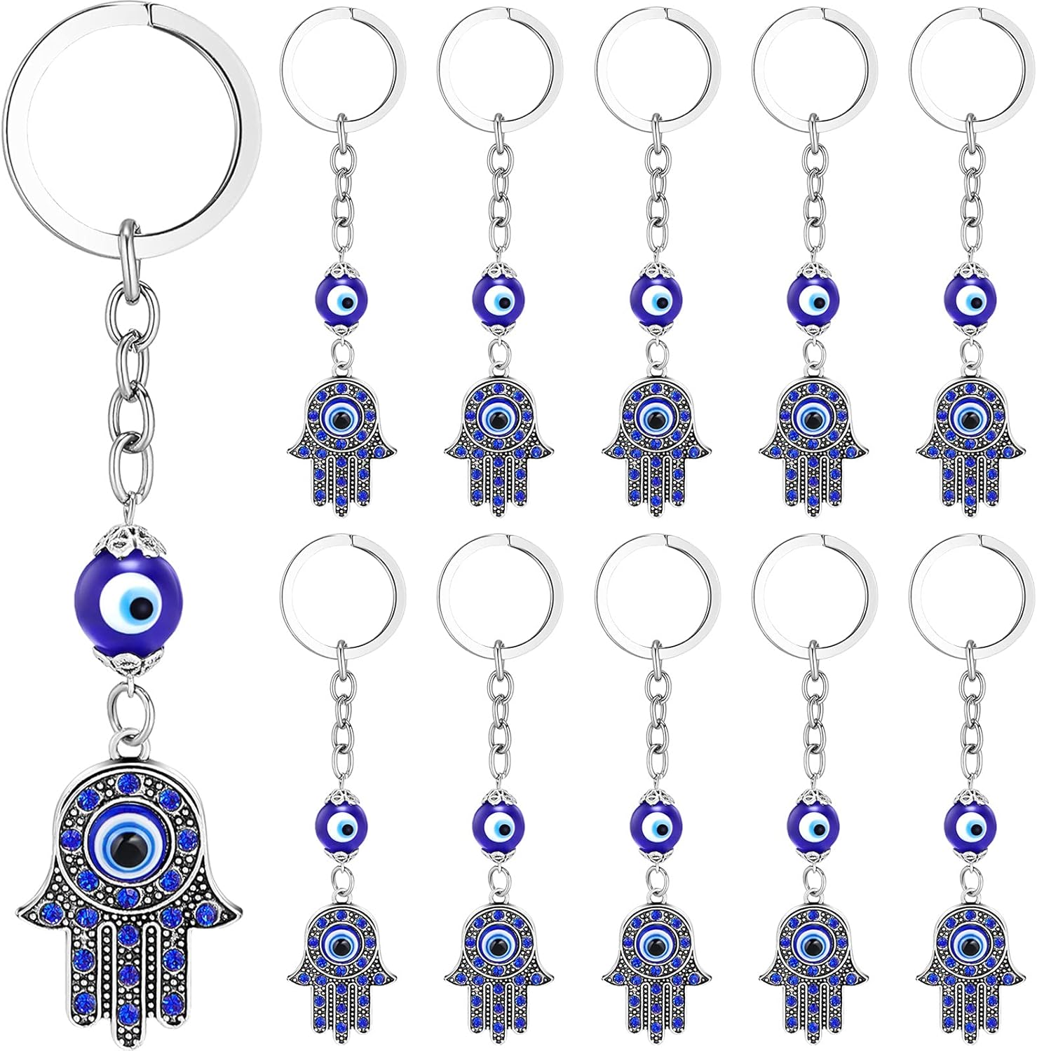 Hamsa - Llavero de mano con diseño de ojo malvado, color azul, para proteger a las llaves y bolsas (10 unidades)